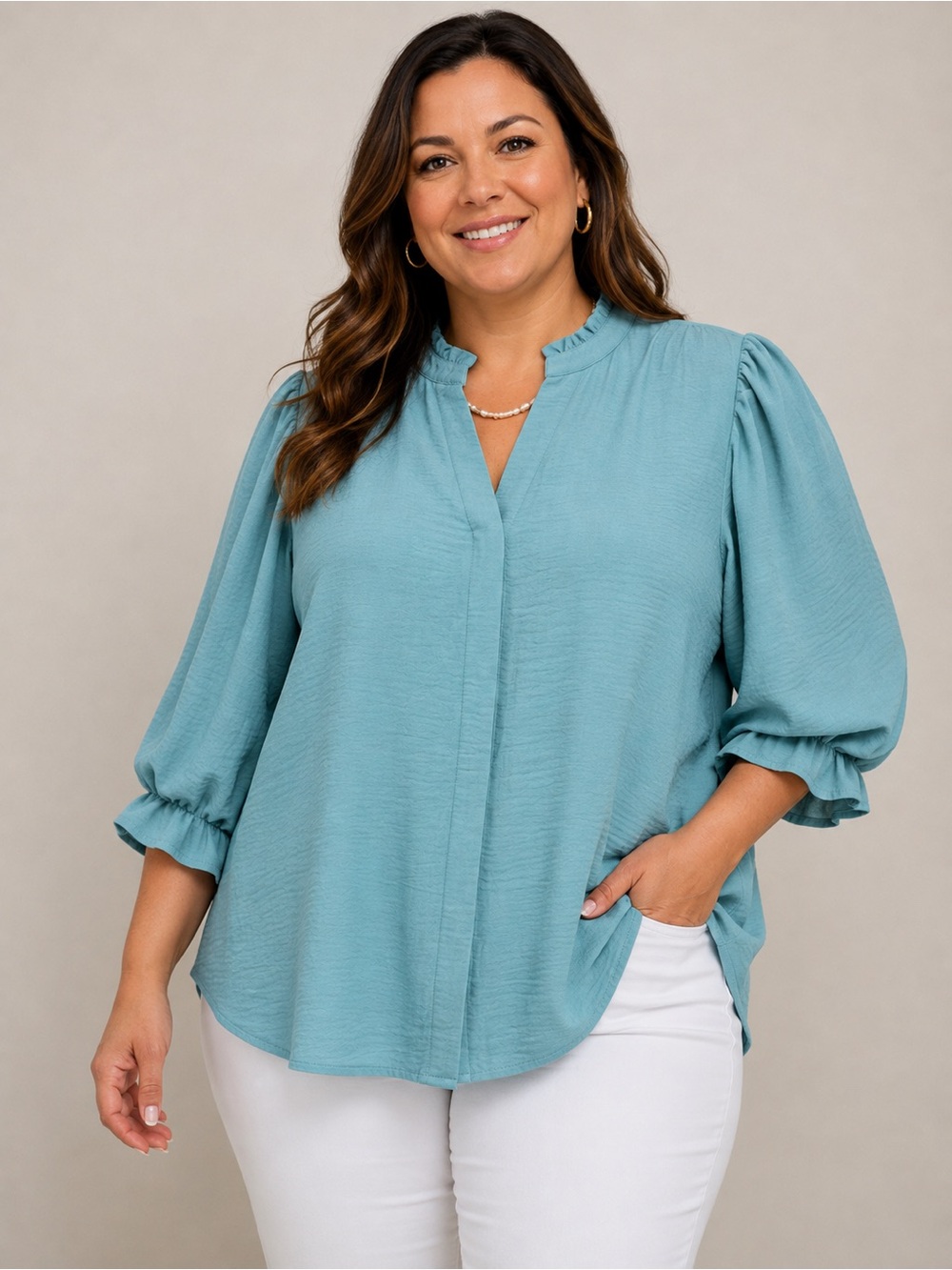 GIGIO Plus Size Seafoam Textured Ruffle Neck Blouse